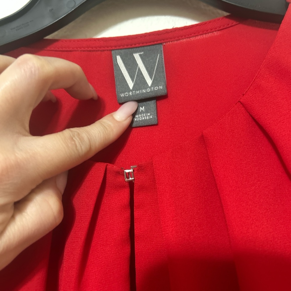 Worthington Solid Red Pleated Split Neck Blouse W… - image 2